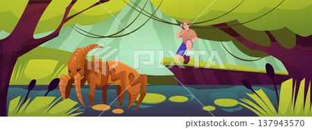 A male explorer observes a monstrous, scary insect in a swamp, against a tropical forest backdrop. A male explorer observes a monstrous, scary insect in a swamp, against a tropical forest backdrop. 137943570