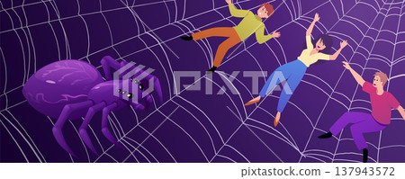 Insect monster, vector cartoon scary spider many eyes and fangs caught prey people in web trap, dangerous bug predator Insect monster, vector cartoon scary spider many eyes and fangs caught prey people in web trap, dangerous bug predator 137943572