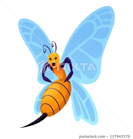 A monstrous wasp with wings, a striped abdomen, a stinger, and teeth. 137943579