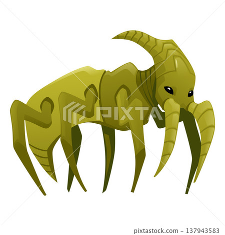 Insect monster flat vector icon, cartoon scary green spider, beetle insect with horn and fangs, creepy fantasy pest bug Insect monster flat vector icon, cartoon scary green spider, beetle insect with horn and fangs, creepy fantasy pest bug 137943583
