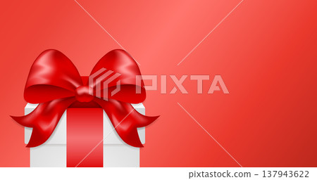 White gift box with shiny red silk ribbon bow on red background. Horizontal template. Holiday gift for Christmas, birthday or holiday celebration. Surprise package concept for shopping sale. White gift box with shiny red silk ribbon bow on red background. Horizontal template. Holiday gift for Christmas, birthday or holiday celebration. Surprise package concept for shopping sale. 137943622