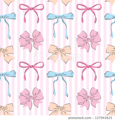 Seamless pattern with repeating multicolored bows on a pink striped background. Decorative textile print with ribbon knots for baby shower, wrapping paper, birthday card, nursery and fashion design. Seamless pattern with repeating multicolored bows on a pink striped background. Decorative textile print with ribbon knots for baby shower, wrapping paper, birthday card, nursery and fashion design. 137943625