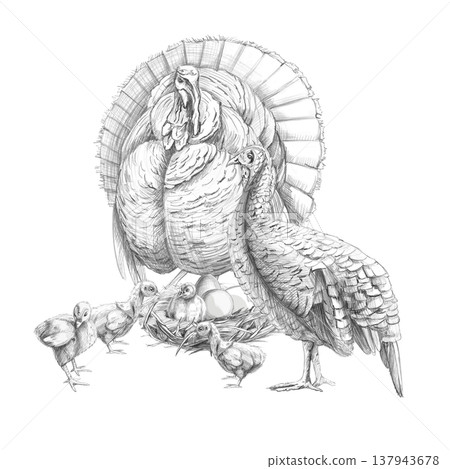 A turkey with a nestling near her nest and four chicks. Isolated pencil illustration, suitable for design projects, children's books, greeting cards, and illustrations for articles on farming. A turkey with a nestling near her nest and four chicks. Isolated pencil illustration, suitable for design projects, children's books, greeting cards, and illustrations for articles on farming. 137943678