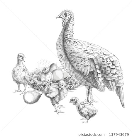 A turkey near a nest where three chicks are dozing. Isolated pencil illustration, suitable for design projects, children's books, postcards, and illustrations for articles on farming. 137943679