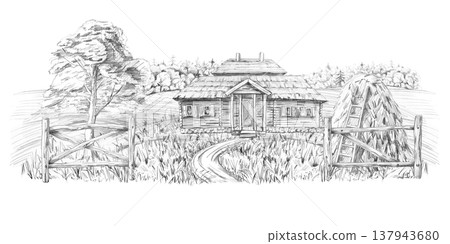 A rural house near the forest, with a wooden fence, haystack, and path. Isolated pencil illustration, suitable for book covers, art albums, and illustrations for articles about rural life. 137943680