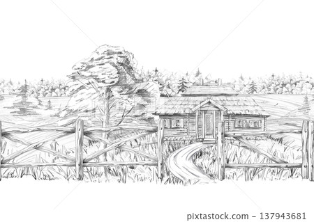 A rural house near a forest, with a wooden fence and a path. Isolated pencil illustration, suitable for book covers, art albums, and illustrations for articles about nature and rural life. A rural house near a forest, with a wooden fence and a path. Isolated pencil illustration, suitable for book covers, art albums, and illustrations for articles about nature and rural life. 137943681