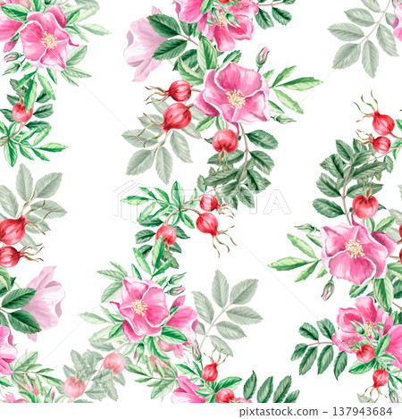 A seamless pattern with vertical bouquets of ripe rose hips, flowers, and leaves. Illustration for vegan products, herbal medicine, natural cosmetics, textiles, and vintage printing. A seamless pattern with vertical bouquets of ripe rose hips, flowers, and leaves. Illustration for vegan products, herbal medicine, natural cosmetics, textiles, and vintage printing. 137943684