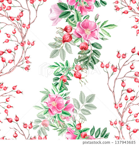 A seamless pattern with vertical branches of ripe rose hips, flowers, and leaves. Illustration for vegan products, herbal medicine, natural cosmetics, textiles, and vintage printing. A seamless pattern with vertical branches of ripe rose hips, flowers, and leaves. Illustration for vegan products, herbal medicine, natural cosmetics, textiles, and vintage printing. 137943685