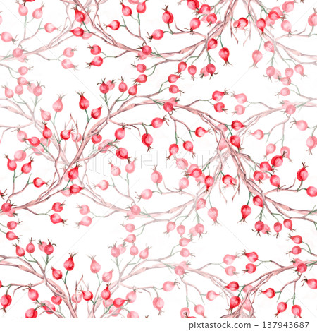 A seamless pattern with branches of ripe rose hips in a wave shape. Illustration for vegan products, herbal medicine, natural cosmetics, textiles, and vintage printing. 137943687