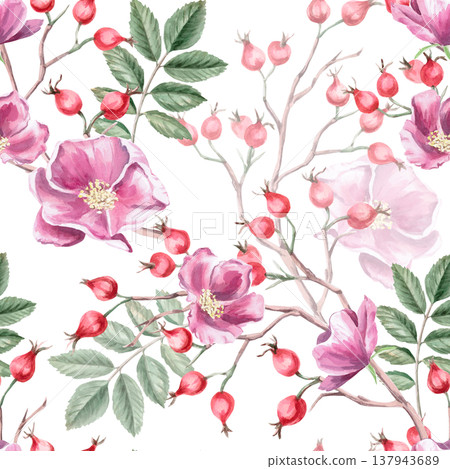 A seamless pattern with branches, flowers, and leaves of ripe rose hips. Illustration for vegan products, herbal medicine, natural cosmetics, vintage printing, children's products, packaging. A seamless pattern with branches, flowers, and leaves of ripe rose hips. Illustration for vegan products, herbal medicine, natural cosmetics, vintage printing, children's products, packaging. 137943689