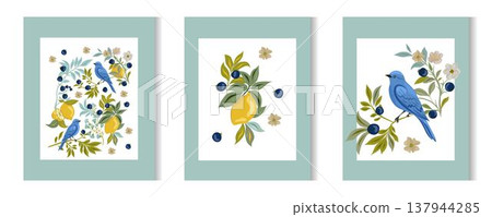 Beautiful vector birds among branches, lemons, plants and leaves Beautiful vector birds among branches, lemons, plants and leaves 137944285