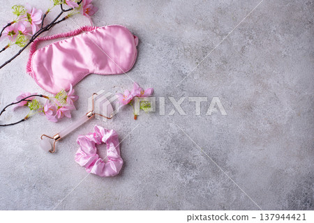Silk sleep pink eye mask and accessory. 137944421