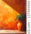 Rustic Orange Wall with Clay Pot and Green Plant in Bright Sunlight 137944906