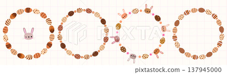 Cute chocolate eggs vector borders with bunny faces and flowers, round spring frames for package design Cute chocolate eggs vector borders with bunny faces and flowers, round spring frames for package design 137945000