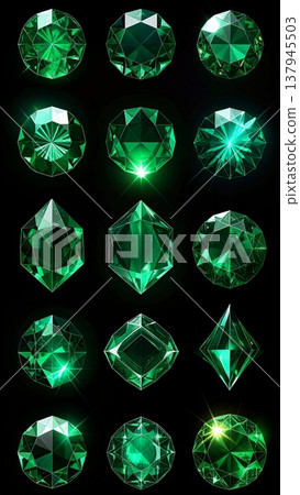 Collection of Faceted Emerald Gemstones on Dark Background with Sparkling Light 137945503