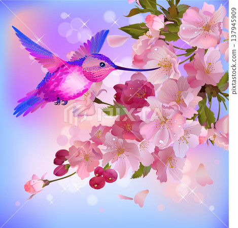 Vector greeting card with branch of flowers and humming-bird Vector greeting card with branch of flowers and humming-bird 137945909