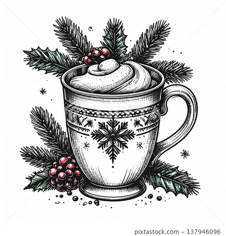 Festive Hot Drink with Cream and Evergreen Sprigs on a White Background 137946096