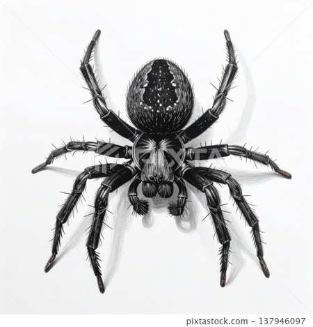 Detailed Drawing of Dark Spider with Long Legs on White Background 137946097