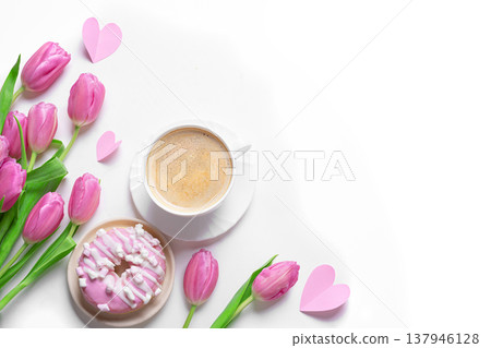 Conceptual template with pink tulips, coffee, donut and hearts. Valentine's Day, Mother's Day. Conceptual template with pink tulips, coffee, donut and hearts. Valentine's Day, Mother's Day. 137946128