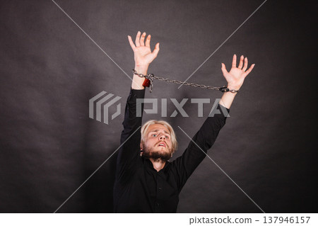 Furious man with chained hands, no freedom Furious man with chained hands, no freedom 137946157