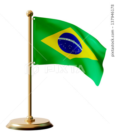 National flag of Brazil is displayed on a pole with clear background. The flag has a green field with a yellow diamond and blue globe. This design is recognized worldwide 137946178
