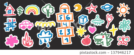 Kids Crayon scrapbook doodles set. Playful retro hand drawn scribble stickers. Childish cutout elements with rough edges, car, rainbow, sun, moon, planets, dinosaur, flowers, butterflies, UFO Kids Crayon scrapbook doodles set. Playful retro hand drawn scribble stickers. Childish cutout elements with rough edges, car, rainbow, sun, moon, planets, dinosaur, flowers, butterflies, UFO 137946217