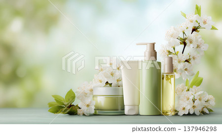 Natural cosmetic products set with spring cherry blossoms on green blurred background. Organic skincare bottles and jars for eco-friendly beauty branding, wellness, and herbal treatment concept. Natural cosmetic products set with spring cherry blossoms on green blurred background. Organic skincare bottles and jars for eco-friendly beauty branding, wellness, and herbal treatment concept. 137946298