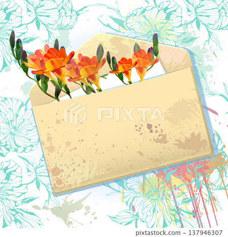 Rainbow hummingbirds with grunge vintage envelope message on the splash background with flowers Rainbow hummingbirds with grunge vintage envelope message on the splash background with flowers 137946307