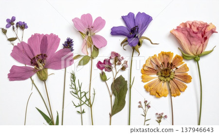 Assorted Pressed Dried Flowers of Various Colors on White Background Beautiful Still Life Assorted Pressed Dried Flowers of Various Colors on White Background Beautiful Still Life 137946643