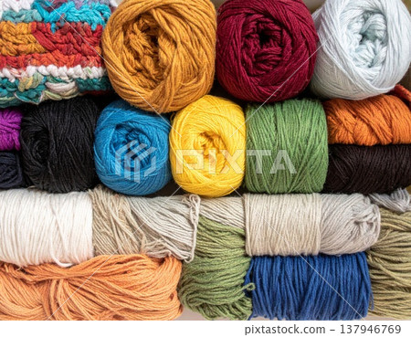 Arrangement of Colorful Yarn Balls in Red Green Blue Yellow and Orange 137946769