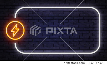 Neon electric lightning icon inside a glowing circle with large light frame. Bright energy symbol on dark brick wall background with copy space. Neon electric lightning icon inside a glowing circle with large light frame. Bright energy symbol on dark brick wall background with copy space. 137947373