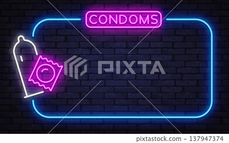 Neon sign with condom icon and bright lettering on dark brick wall. Vibrant pink and blue glow creates bold night shop atmosphere. Ideal for pharmacy ads, adult store banners, or safe sex campaigns Neon sign with condom icon and bright lettering on dark brick wall. Vibrant pink and blue glow creates bold night shop atmosphere. Ideal for pharmacy ads, adult store banners, or safe sex campaigns 137947374