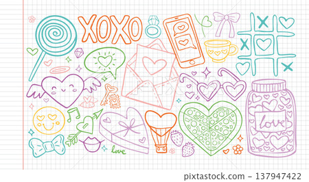 Love vector illustration with doodle heart icon and valentine cute design. Wedding set day with hand element cake and sketch party ribbon. Graphic gift love with art background doodle and line Love vector illustration with doodle heart icon and valentine cute design. Wedding set day with hand element cake and sketch party ribbon. Graphic gift love with art background doodle and line 137947422