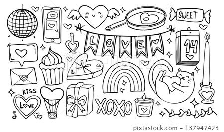 Doodle wedding valentine and love vector icon with illustration heart vintage. Design ribbon cute and doodle bow card with cake line wedding. Party doodle element and gift love sticker Doodle wedding valentine and love vector icon with illustration heart vintage. Design ribbon cute and doodle bow card with cake line wedding. Party doodle element and gift love sticker 137947423