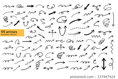 Arrow icon set with vector line hand and sketch illustration black. Design doodle sign with shape arrow curve and drawn arrows isolated. Circle element arrow with pencil direction vector Arrow icon set with vector line hand and sketch illustration black. Design doodle sign with shape arrow curve and drawn arrows isolated. Circle element arrow with pencil direction vector 137947424