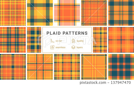 Bright orange and yellow tartan pattern with deep blue stripes. This seamless textile design is perfect for autumn fashion, warm home decor, and vibrant seasonal backdrops. Modern and cozy. Bright orange and yellow tartan pattern with deep blue stripes. This seamless textile design is perfect for autumn fashion, warm home decor, and vibrant seasonal backdrops. Modern and cozy. 137947470