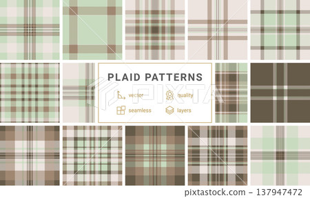 Sophisticated sage green and earthtoned brown plaid seamless pattern. A timeless tartan texture perfect for rustic home decor, elegant textile designs, and classic digital backgrounds. 137947472