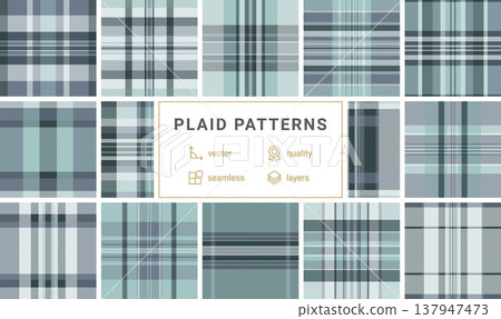 Sophisticated blue and grey plaid tartan pattern with clean diagonal lines. Ideal for textile designs, professional apparel, and classic backgrounds that evoke timeless style and quality. 137947473