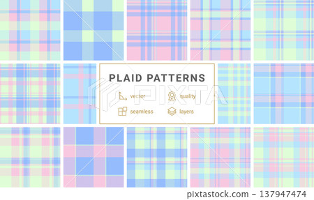 Delightful pastel tartan pattern with blue, pink, and mint checks. Ideal for spring designs, nursery wallpapers, and textile prints. A soft, seamless geometric background for creative projects. 137947474