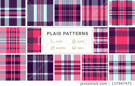 Discover a stylish seamless tartan pattern featuring deep purple, light blue, and vibrant pink stripes. This modern geometric textile design is perfect for fashion and creative backgrounds. Discover a stylish seamless tartan pattern featuring deep purple, light blue, and vibrant pink stripes. This modern geometric textile design is perfect for fashion and creative backgrounds. 137947475