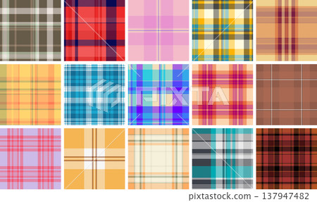 Plaid collection capturing classic British lumberjack aesthetics. Seamless tartan vectors perfect for casual wear, scarves, blankets, and digital media. Plaid collection capturing classic British lumberjack aesthetics. Seamless tartan vectors perfect for casual wear, scarves, blankets, and digital media. 137947482