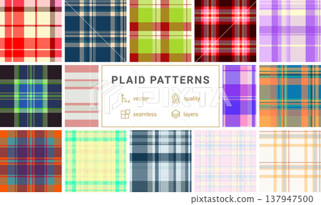 Plaid collection built for advertising layouts. Winter tartan textures enhance promotional visuals. Vector structure keeps layouts clean. 137947500