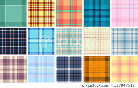 Plaid pattern set perfect for comfortable everyday wear. Seamless tartan repeats enhance dresses, shirts, skirts, and tops. Plaid pattern set perfect for comfortable everyday wear. Seamless tartan repeats enhance dresses, shirts, skirts, and tops. 137947512