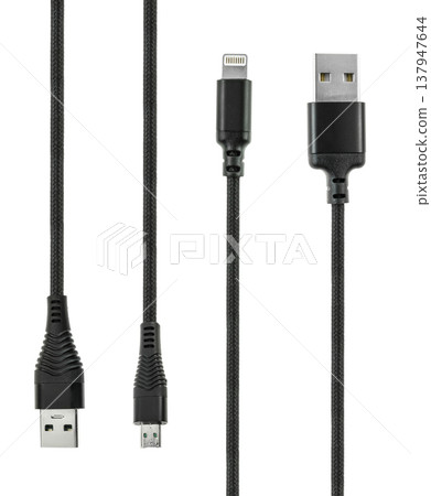 Cable and connector for USB, Micro USB, Lightning, on a white background, collage Cable and connector for USB, Micro USB, Lightning, on a white background, collage 137947644