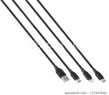 Cable and connector for USB, Type-C, Lightning, isolated on white background 137947646