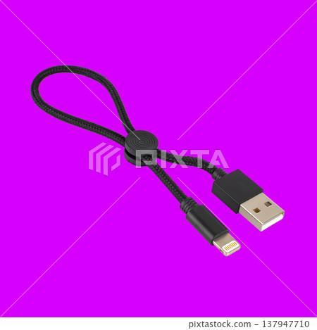 connector with cable, USB, Lightning, black, on purple background connector with cable, USB, Lightning, black, on purple background 137947710