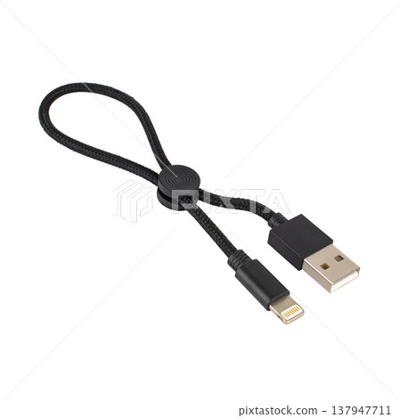 connector with cable, USB, Lightning, black, isolated on white background connector with cable, USB, Lightning, black, isolated on white background 137947711