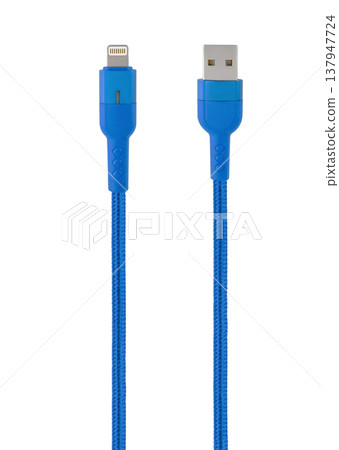 connector with cable, USB, Lightning, blue, isolated on white background connector with cable, USB, Lightning, blue, isolated on white background 137947724