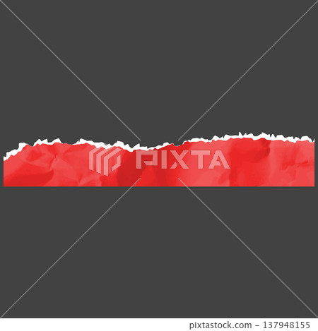 Red crumpled torn paper strip piece, vector realistic torn sheet of page fragment, wrinkled color scrap with jagged edge 137948155