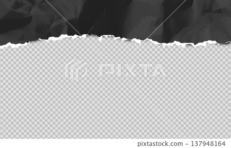 Black torn paper frame upper edge with empty space background, vector ripped horizontal page crumpled texture 137948164